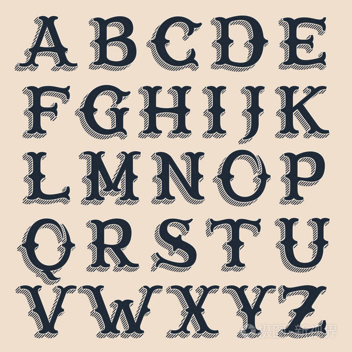 复古的字母表.西方的复古风格卷字体与行