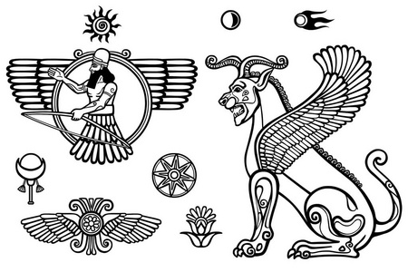 图形集 亚述神话   翅的神和狮子狮身人面像的数字.空间的符号.