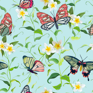 热带花卉和蝴蝶的无缝格局。花卉丛林背景面料和纺织品。矢量插图