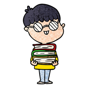 卡通书男孩与眼镜和书