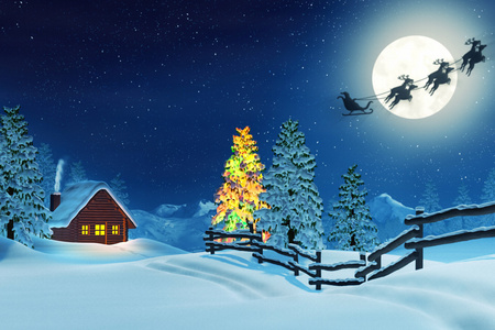 小木屋，圣诞树和圣诞老人在冬季景观在晚上