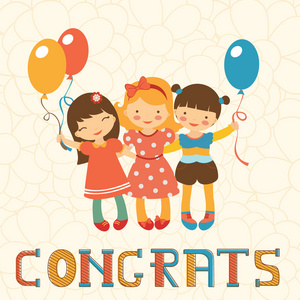 快乐的小女孩拿着气球可爱生日快乐卡照片