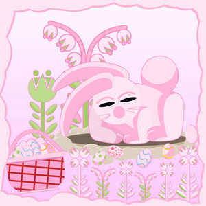 粉红色的兔子在洞附近睡觉与一篮子复活节彩蛋