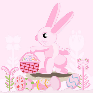粉红色的兔子靠近洞里抱着复活节彩蛋的爪子