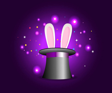 魔术帽子与兔子耳朵在紫罗兰神秘的背景