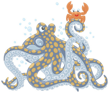 大斑点章鱼与一个有趣的小螃蟹交谈, 一个卡通风格的矢量插图