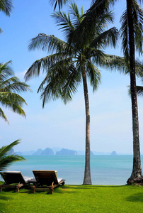 折叠躺椅上一个热带海滩图片