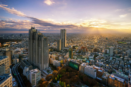 在 Tok 的夕阳的天空以东京 city,Japan.Cityscape 的鸟瞰图