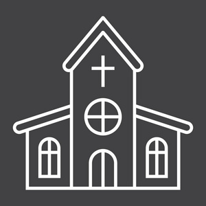教堂线图标, 复活节和假日, 建筑符号矢量图形, 在黑色背景上的线性模式, eps 10