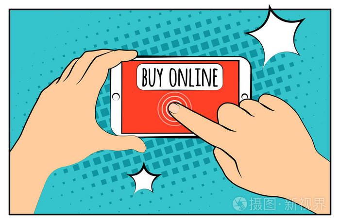手拿着智能手机与购买在线互联网购物.波普艺术复古风格.平面设计.