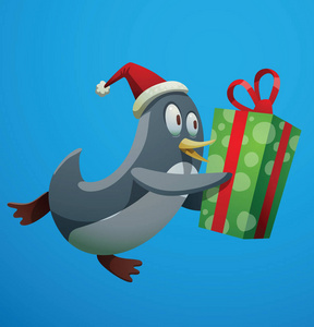 滑稽的圣诞企鹅带着绿色的礼物奔跑