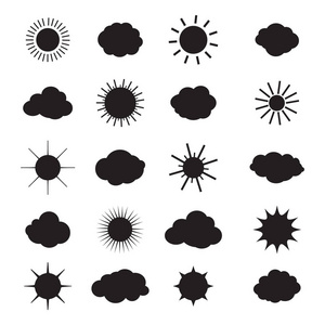 云, 太阳, 云图标黑色 ans 白色孤立的打印颜色矢量图.