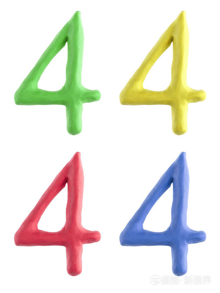一个自定义数字四手用橡皮泥在四种不同的颜色.