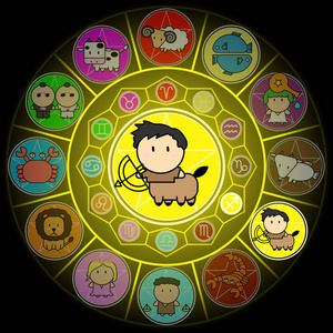 在中心圆的星座射手座十二生肖卡通图标矢量在黑色背景上照片