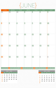 日历计划 2016年设计模板。6 月。周从星期日开始