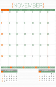 日历计划 2016年设计模板。11 月。周从星期日开始