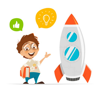 聪明的孩子发明家和火箭照片