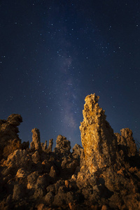 在莫诺湖在晚上与银河系的凝灰岩地层。重点放在点燃突出的岩石形成的浅景深