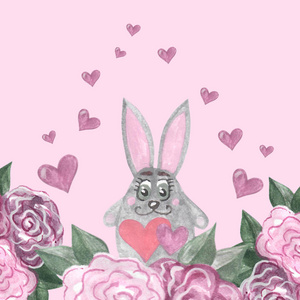 手绘水彩卡片与可爱的灰色兔子在花 wi