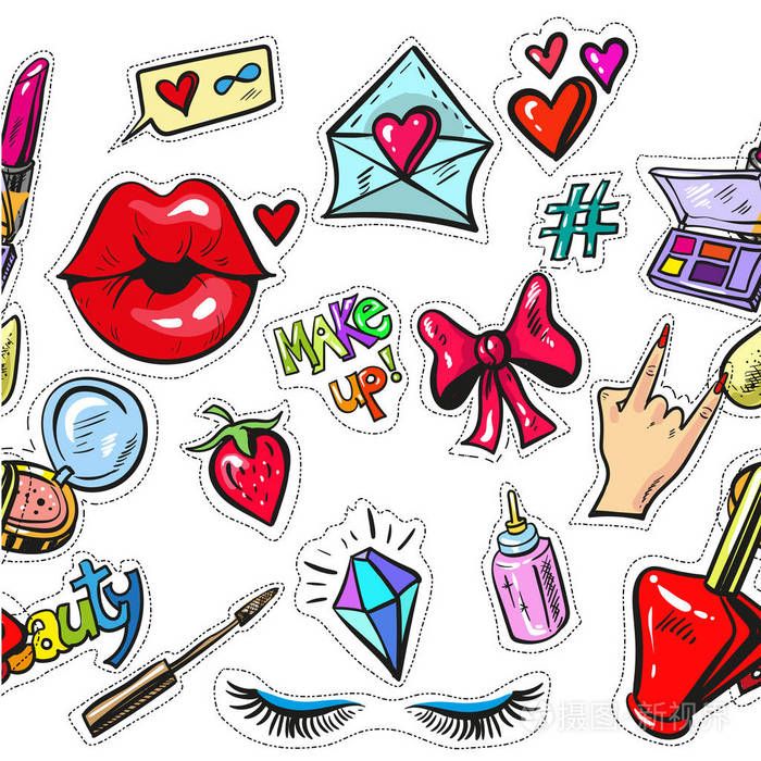 美丽的少女图案与时尚元素波普艺术贴纸