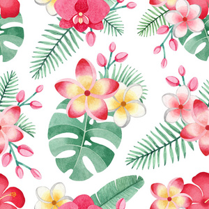 热带花卉和树叶的水彩插图。无缝热带图案