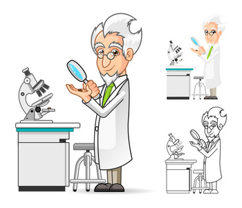 在后台举着放大镜和显微镜的科学家卡通人物