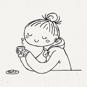 可爱的涂鸦女孩与杯茶和饼干