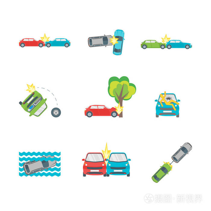 卡通汽车碰撞设置不同的变形事故.矢量