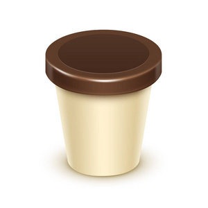 矢量为香草巧克力甜点 酸奶 冰激淋与标签模拟背景孤立的棕色奶油桶桶
