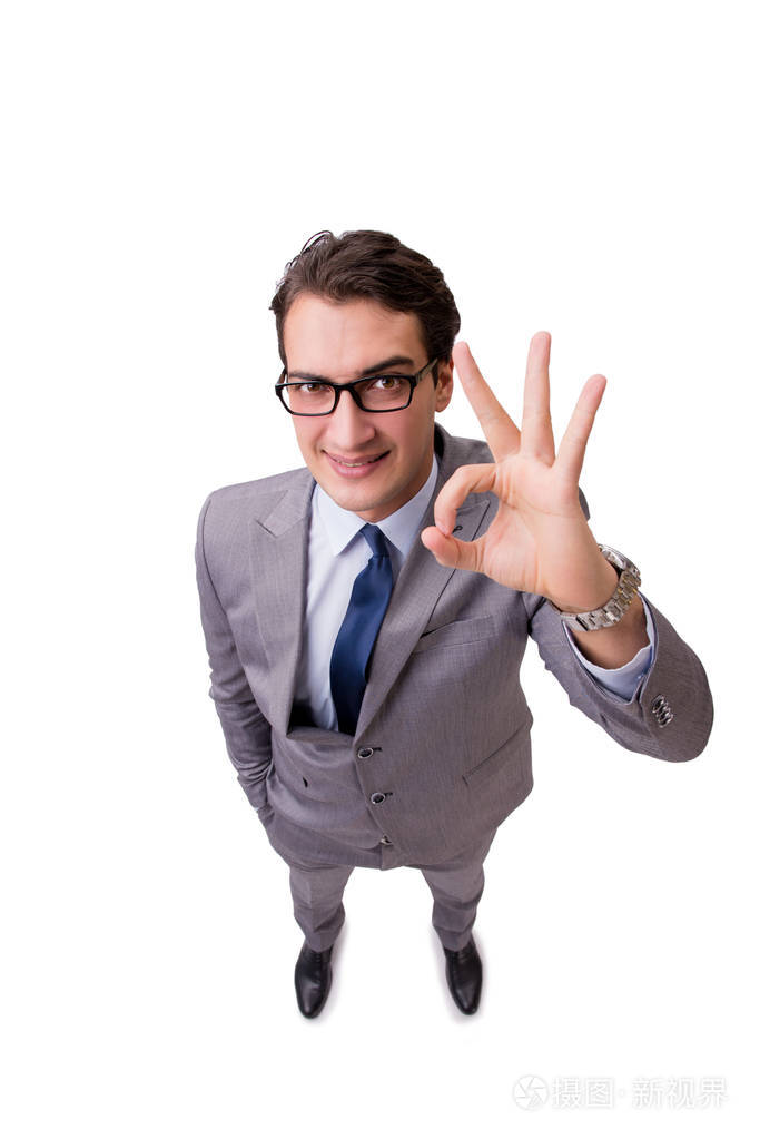 显示ok手势上白色孤立的商人