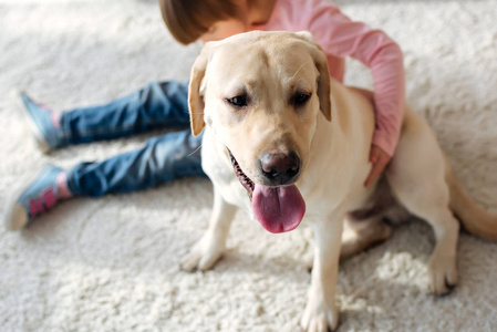 青春期前女孩与唐综合征拥抱拉布拉多猎犬狗