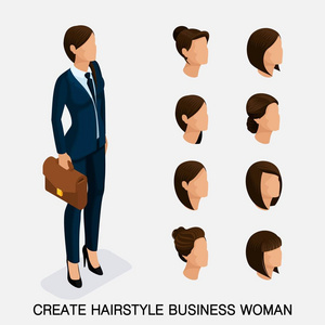 时髦的等距设置 6，妇女的发型。年轻的商界女强人，发型，头发的颜色，孤立。创建现代商业女性的形象。矢量图