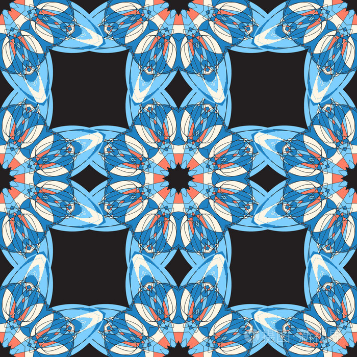 美丽的几何方形图案.模仿的中国瓷器绘画.蓝色的对称性背景