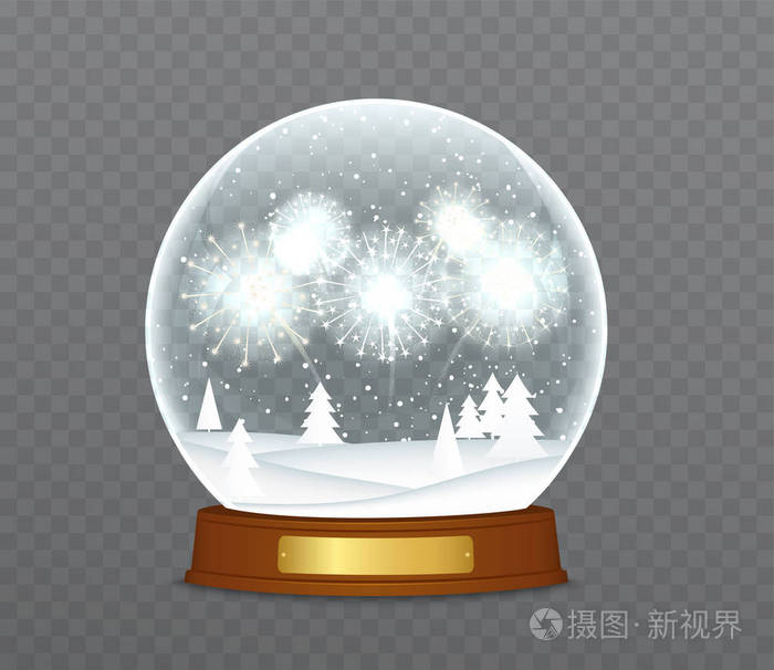 与烟花圣诞雪花玻璃球.大雪的透明玻璃