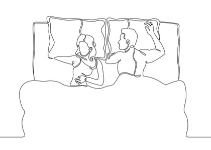 连续线绘制。美丽的情侣在睡觉姿势的枕头。矢量插图