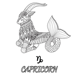 线艺术设计的摩羯座星座设计元素和成人着色书页.矢量插图照片