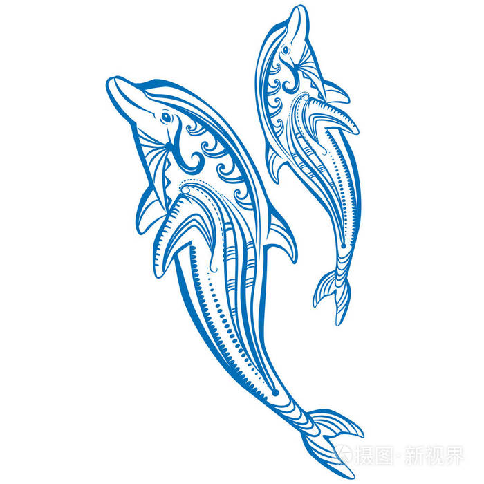 两只海豚装饰蓝色海豚素描