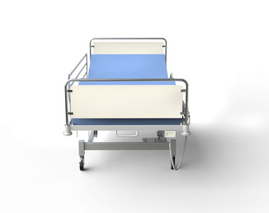 病床医院医院的病床上有蓝色的床上用品-正面视图照片