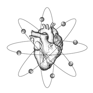 翅膀像原子与电子的现实人的心脏。纹身