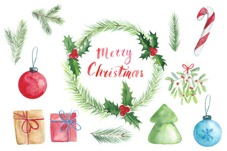 圣诞花环 云杉分行 刻字 圣诞快乐 节日装饰 槲寄生科 礼品盒 新年树设置画在白色背景上水彩