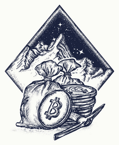 比特币和山, 新的淘金热纹身和 t恤设计.