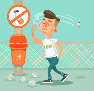 坏男孩字符乱扔垃圾.矢量平面卡通插画照片