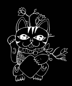 幸运的 maneki neko 猫。传统的日本符号。图形插图。粉笔在黑板上