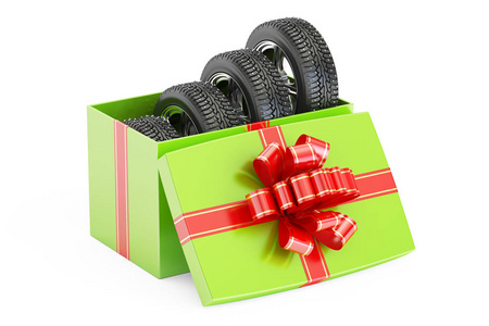 礼品盒与冬季车轮，3d 渲染