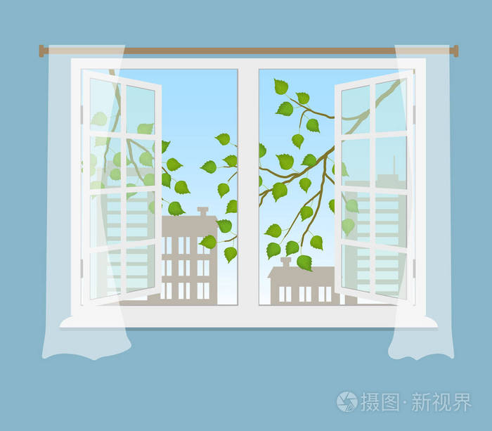 窗外有一棵树的树枝, 上面有树叶和建筑物的剪影.矢量插图