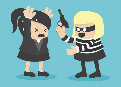 抢劫的女商人儿童看电视的矢量图解商业抢劫概念插画图业务女人漫画