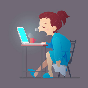 困倦疲惫的妇女在家工作与她的笔记本电脑