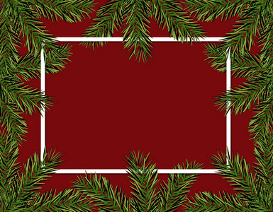 新年圣诞节。绿色云杉树枝在一个红色的背景的圆圈。广告和广告的框架。孤立插图