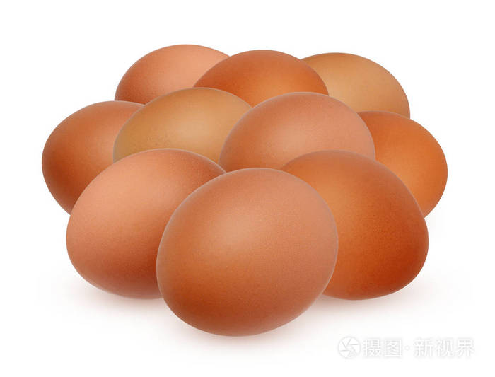 十棕鸡卵被隔离在白色背景上