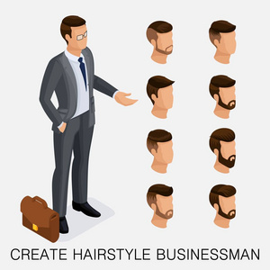 时尚等距套 9，定性研究，一套男士发型，时髦样式。时尚的造型 胡须 胡子。今天的年轻商人的样式。矢量图